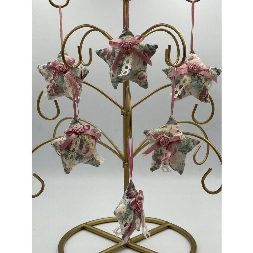 Vintage 1980 Fabric Filled Star Ornament Victorian Shabby Chic Granny Core Set 6